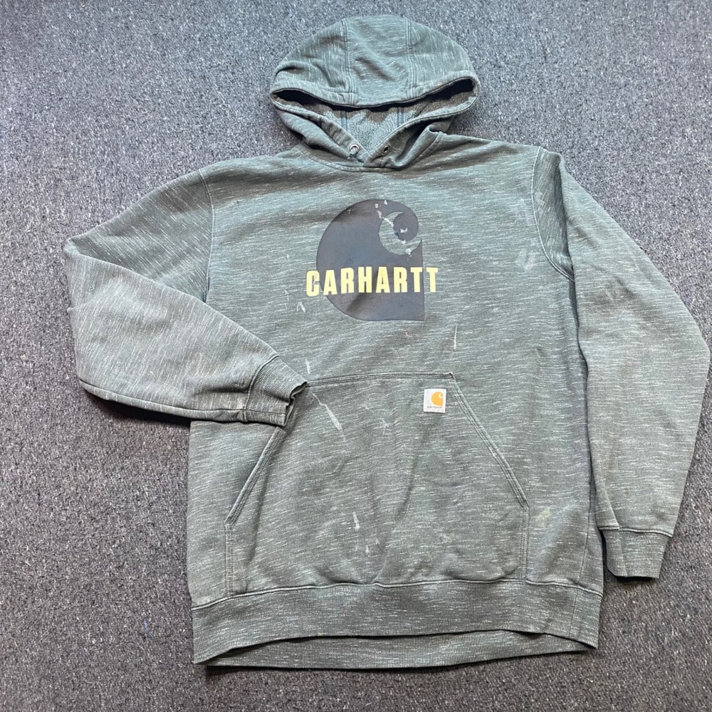 Carhartt Graphic Hoodie Sz L Mens Green Streetwear Workwear Paint Splatter Logo